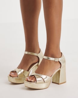Mia Metallic Cross Front Platform Heeled Sandals Ex Wide Fit