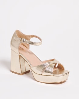 Mia Metallic Cross Front Platform Heeled Sandals Wide Fit