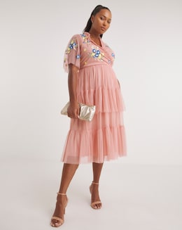 Maya Curve Wrap Front Floral Embroidered Tiered Tulle Midi Dress