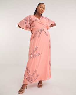 Maya Curve Wrap Front Floral Glitter Embellished Maxi Dress