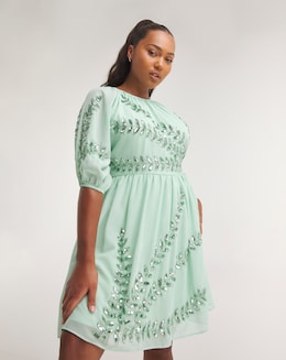 Maya Curve Puff Sleeve Floral Sequin Embroidered Mini Dress