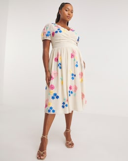 Maya Curve V Neck Floral Embroidered Midi Dress