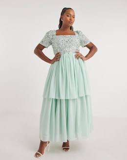 Maya Curve Sequin Embellished Tiered Tulle Maxi Dress