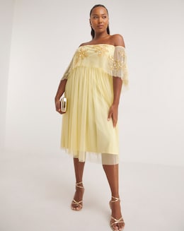 Maya Curve Bardot Floral Sequin Embroidered Tulle Midi Dress