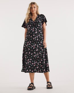 Black Floral Supersoft Ruched Front Midi Dress