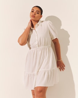 White Cotton Dobby Shirt Dress