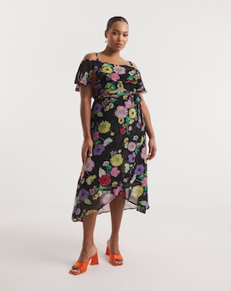 Black Floral Bardot Georgette Midi Dress