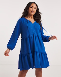 Blue Waffle Tiered Smock Dress