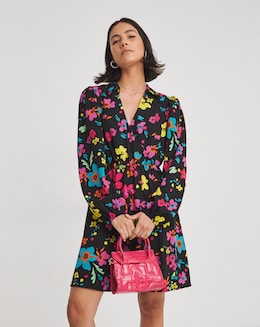 Black Floral Print Wrap Shirt Dress