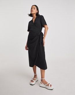Black Wrap Midi Shirt Dress