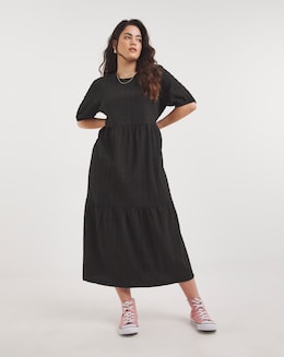 Black Textured Tiered Midi Dress