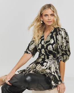 Joanna Hope Gold Jacquard Wrap Top