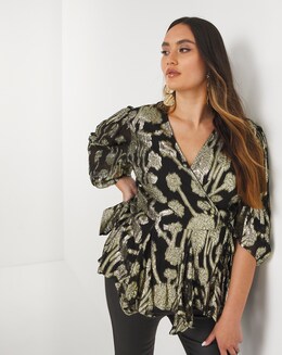 Joanna Hope Gold Jacquard Wrap Top