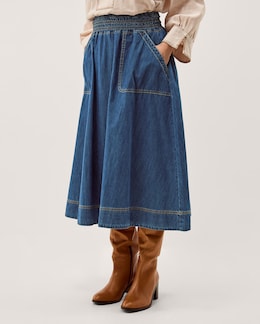 Monsoon Sophie Shirred Denim Midi Skirt - Image
