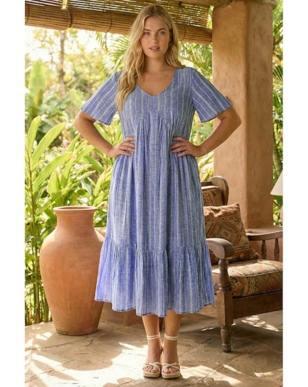 knee length dresses for ladies Printed Puff Sleeve Bardot Smock Midi Dress main image 1