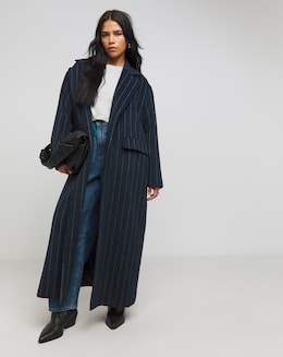 Navy Pinstripe Faux Wool Maxi Coat