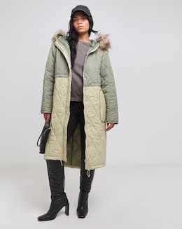 Green Colourblock Quilted Coat - Image