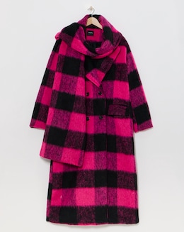 Pink Check Faux Wool Scarf Coat - Image