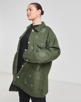 Khaki Floral Embroidered Utility Jacket