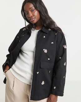 Washed Black Floral Embroidered Utility Shacket