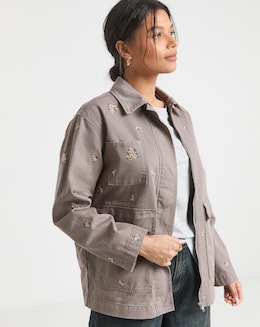 Neutral Floral Embroidered Utility Shacket