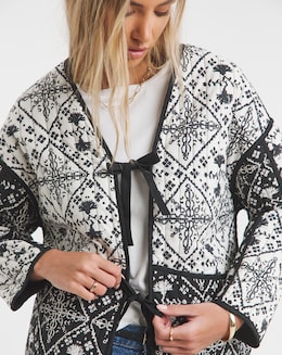 Reversible Black &amp; Mono Print Tie Front Jacket