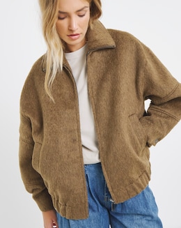 Neutral Faux Wool Seamed Bomber Jacket - Image
