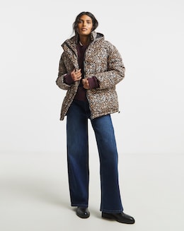 Leopard Print Padded Coat with Hood - Image