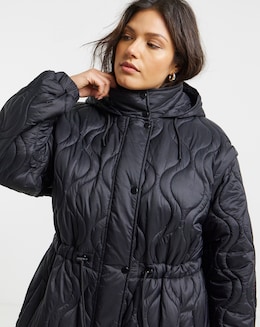 Black Adjustable Waist Quilted Coat - Image