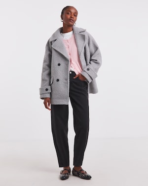 Simply Be Grey Boucle Teddy Peacoat - Image 1