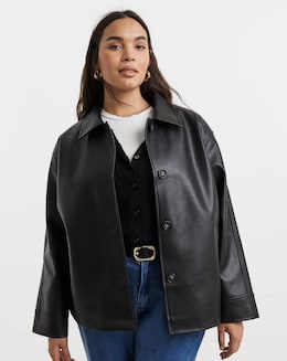 Black Faux Leather Button Through Jacket