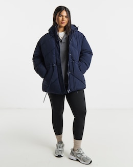 Navy Waisted Detail Padded Coat - Image
