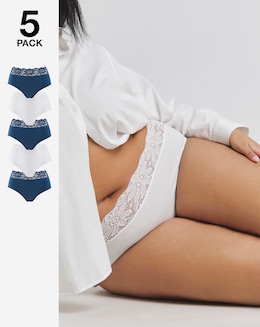Pretty Secrets 5 Pack Lace Top Full Brief Knickers - Navy/White