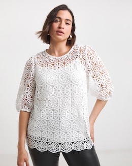 Joanna Hope Crochet Blouse With Puff Sleeves