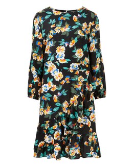 Multi Floral Wrap Fluted Sleeve Dress