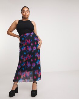 Blurred Floral Print Mesh Overlay Maxi Skirt