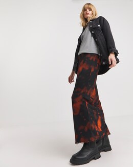 Red Tie Dye Mesh Overlay Tube Maxi Skirt