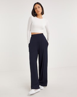 Navy Jersey Elasticated Waist Wide Leg Trouser
