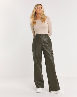 Stretch PU Cargo Wide Leg Trousers