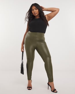 Khaki Seam Detail High Waist PU Leggings