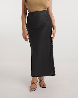 Black Satin Lace Trim Maxi Skirt