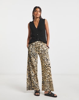 Leopard Print Drawcord Waist Wide Leg Trouser