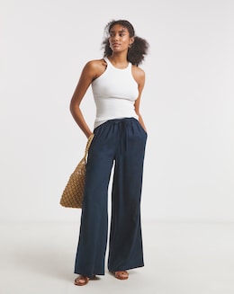 Navy Tie Waist Linen Mix Wide Leg Trousers