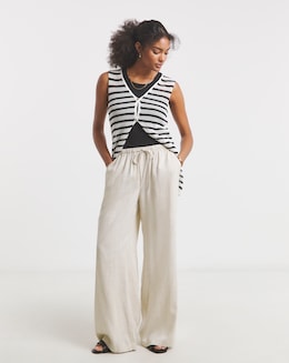 Stone Tie Waist Linen Mix Wide Leg Trousers