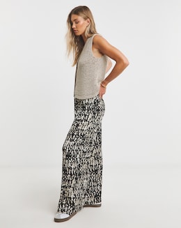 Mono Print Crinkle Wide Leg Trousers