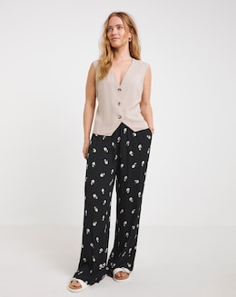 Black Daisy Print Crinkle Wide Leg Trousers
