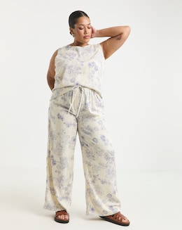 Ivory Floral Print Tie Waist Linen Mix Wide Leg Trousers