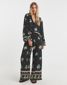 Black Floral Border Print Wide Leg Trousers