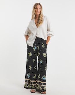 Black Floral Border Print Wide Leg Trousers