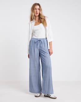 Blue Stripe Tie Waist Linen Look Wide Leg Trouser